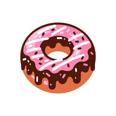 Colorful donut with pink icing and chocolate drizzle, set against a white background, perfect for dessert-themed designs