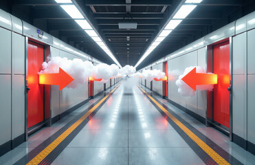 conceptual illustration of data flow in a futuristic, modern corridor. The diagram shows two opposing streams of information, perfect for themes of data and technology