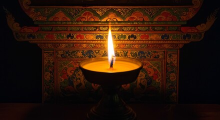 Bodhisattva Altar, thangka painting glowing with butter lamp