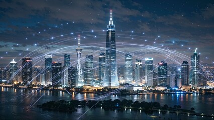 Futuristic cityscape at night with glowing data streams connecting towering skyscrapers over a...
