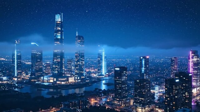 Aesthetic aerial nightscape of a modern metropolis, glowing city lights twinkling like stars, sleek skyscrapers rising through the mist, soft cinematic movement, deep blues and neon reflections, dream