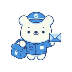 Cute cartoon bear in a postal uniform delivering a letter, with a bag in hand, bright background © Civic
