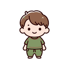 Obraz premium Cute cartoon boy in green outfit standing happily with a cheerful expression in a simple background
