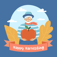 Gray haired grandfather holding large apple in his hands. Autumn and harvest concept. Frame with autumn leaves and the inscription Happy Harvest. Flat style vector illustration.
