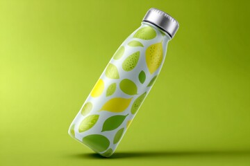 Stylish Transparent Bottle with Leaf Design on Bright Green Background