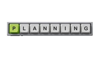 Planning.Computer keyboard keys spelling.Flat lay view from above on white background with computer keyboard keys buttons.IT technology concept.Supports PNG files with transparent backgrounds.