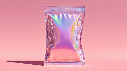 Shimmering holographic pouch with vibrant iridescent colors against a soft pink backdrop
