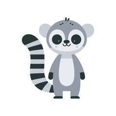 Cute cartoon lemur standing upright with a striped tail, set against a plain background © Civic