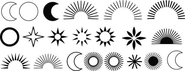 Collection of Celestial and Sunburst Icons: Moons, Suns, Stars, and Rays