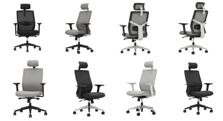 A collection of eight office chairs in varying shades of gray and black against a black background on transparent background