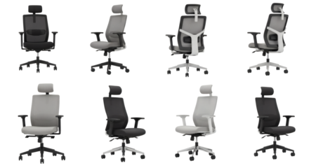 A collection of eight office chairs in varying shades of gray and black against a black background on transparent background