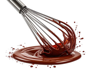 A metallic whisk stirring molten chocolate
