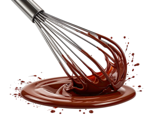 A metallic whisk stirring molten chocolate