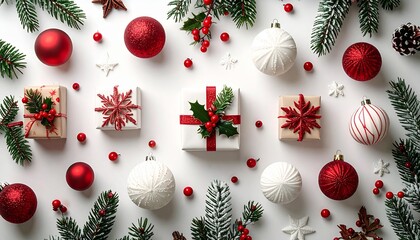 クリスマスプレゼント背景、白背景クリスマス、フラットレイ飾り、クリスマスギフトボックス、ヒイラギと飾り玉、シンプルなクリスマス写真、クリスマス準備、スタイリッシュホリデー装飾、赤と白のデコレーション、冬のギフトシーン
