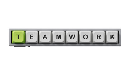 teamwork.Computer keyboard keys spelling.Flat lay view from above on white background with computer keyboard keys buttons.IT technology concept.Supports PNG files with transparent backgrounds.