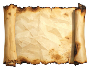 Aged, burned scroll of parchment paper, creased and textured