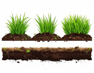 Three sets of green grass tufts atop various textured soil layers, displayed against a plain white background