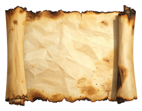 Aged, burned scroll of parchment paper, creased and textured