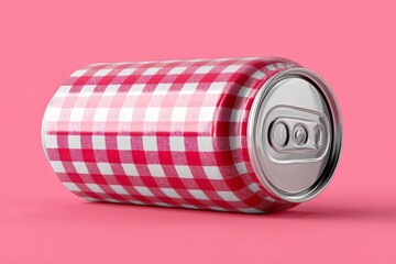 Vintage-Style Drink Can with Red Checkered Pattern on Pink Background