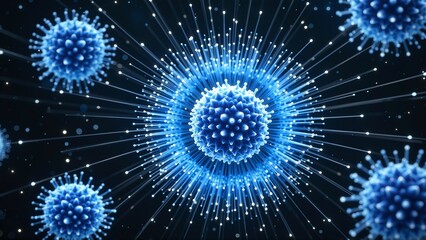 Luminescent blue microscopic organisms pulsate with light against a dark, star-dusted backdrop.