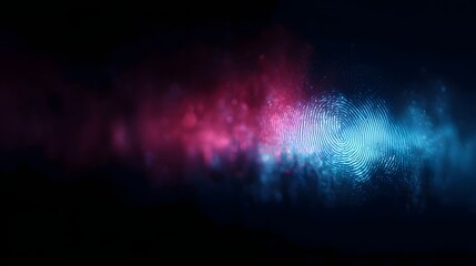 A glowing fingerprint in blue and pink light represents digital identity and security