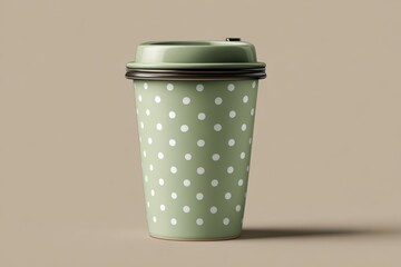 Green Coffee Cup with White Dots on Beige Background for Lifestyle