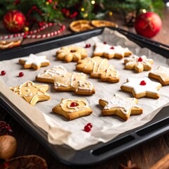 Festive Christmas cookies on a baking sheet