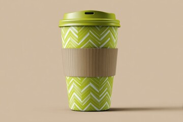 Stylish Green Coffee Cup with Chevron Pattern and Paper Sleeve