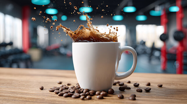 coffee splashing out of a mug. With Roasted coffee beans scattered around the base of the mug on a gym background. 