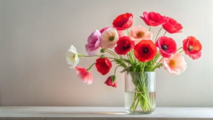 Fototapeta premium Colorful Poppy Flower Bouquet in Glass Vase on Neutral Background