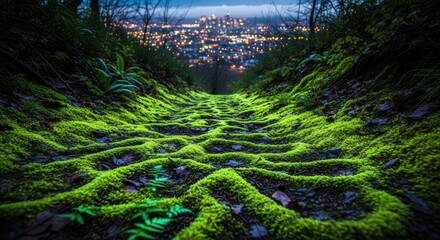 Enchanted Forest Path Leading to Distant City Lights at Dusk