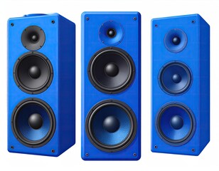 Fototapeta premium Three vibrant blue rectangular speakers, each with a unique arrangement of two or three speakers, shown against a plain white background