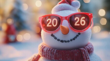 A cheerful snowman wearing 2026 sunglasses greets the new year with a playful design, creating a joyful holiday atmosphere in winter