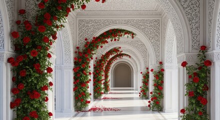 Enchanting White Arches Adorned With Lush Red Roses Creating a Romantic Pathway