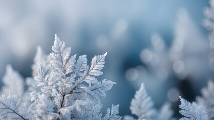 Frozen winter leaves covered with frost crystals in soft blue light, macro close up of icy nature background, cold season minimal wallpaper for elegant design and photography
