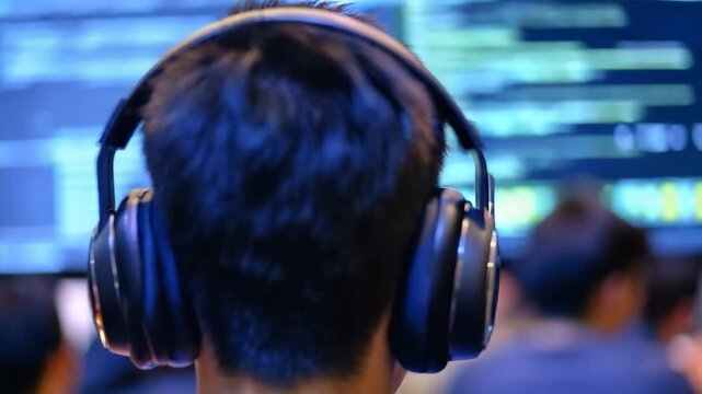 Zoomed in view of person with headphones using technology in busy environment