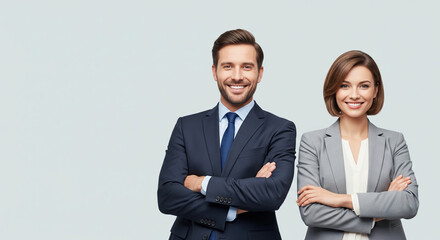 Professional man in suit and woman in blazer standing side by side, arms crossed, smiling confidently. Pastel light grey background, minimalist clean corporate style with negative space for banner