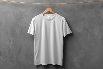 Plain White T-Shirt Hanging on Wooden Hanger Against Gray Background