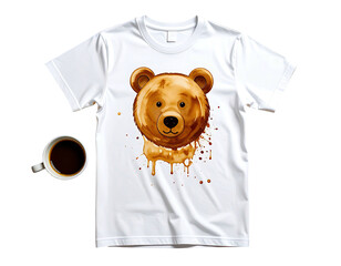 White tee shirt with a brown bear graphic design, coffee stains