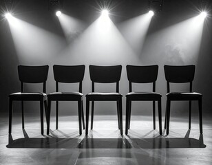 Four black chairs in a row, lit by spotlights in a grayscale studio setting