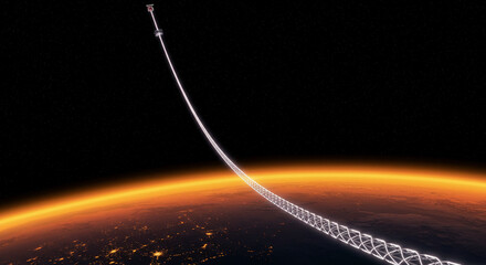 Space elevator cable glowing against Earth&rsquo;s horizon.