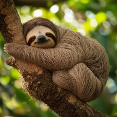 Fototapeta premium Sloth Lounging on Branch: A captivating capture of a sloth in its natural habitat, clinging contentedly to a tree branch. Embrace the essence of tranquility and the simple pleasures of life.