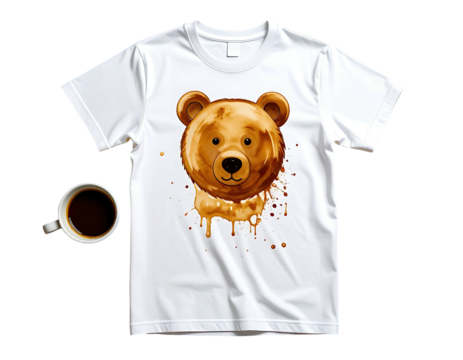 White tee shirt with a brown bear graphic design, coffee stains