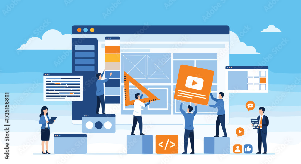 Poster team collaboration on web design and development project building online platforms vector