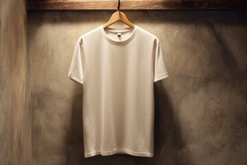Plain White T-Shirt Hanging on Wooden Hanger Against Concrete Wall