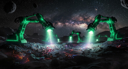 Asteroid mining site with glowing robotic arms.