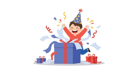 a child in a conical birthday hat, enthusiastically tearing wrapping paper off a large box, with ribbons and paper scattered around him