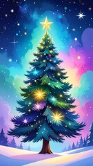Festive Christmas tree in a vibrant night sky