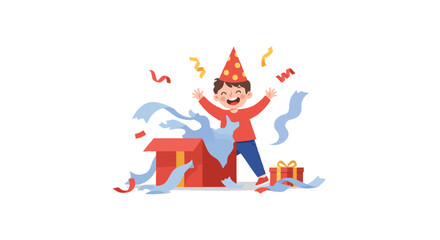 a child in a conical birthday hat, enthusiastically tearing wrapping paper off a large box, with ribbons and paper scattered around him