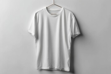 Plain White T-Shirt Hanging on a Wall with Simple Background